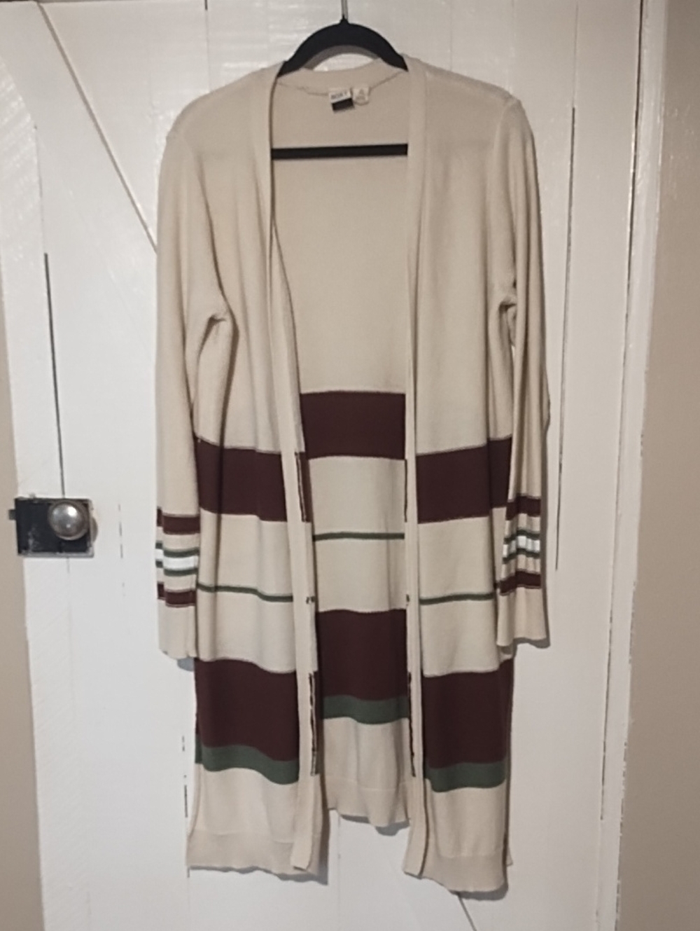 Roxy Cream Open-Front Cardigan with Burgandy and Green Stripes Great Condition.